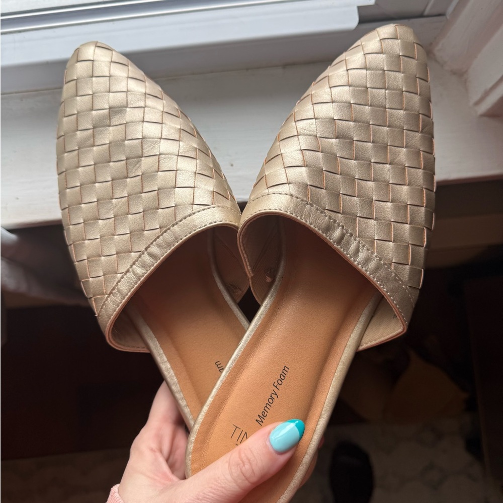 Time and Tru Gold Woven Mules